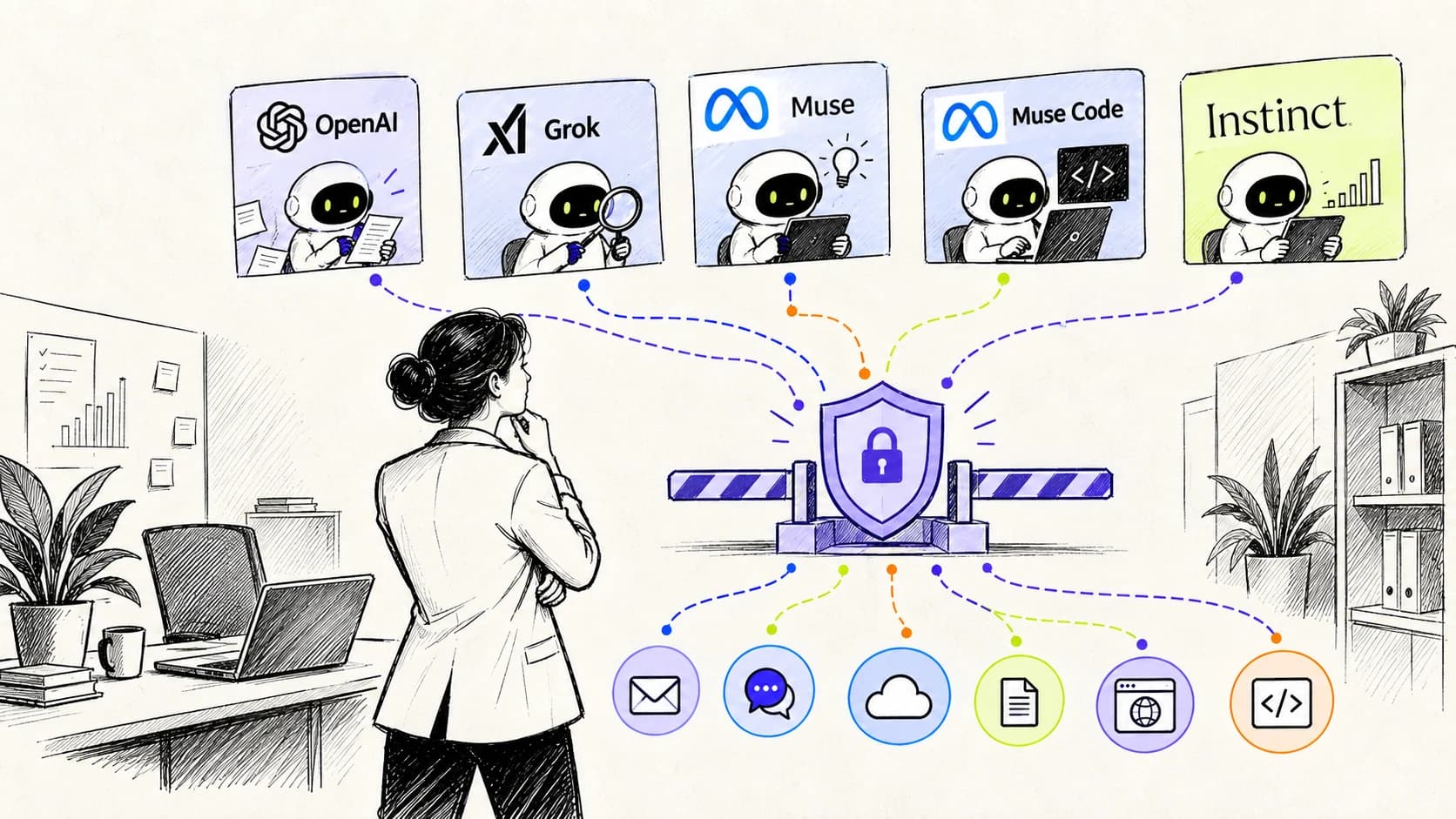 Hand-drawn Leash security illustration showing OpenAI dots, Grok Bot, Meta Muse, Muse Code, and Instinct passing through a shared company action checkpoint