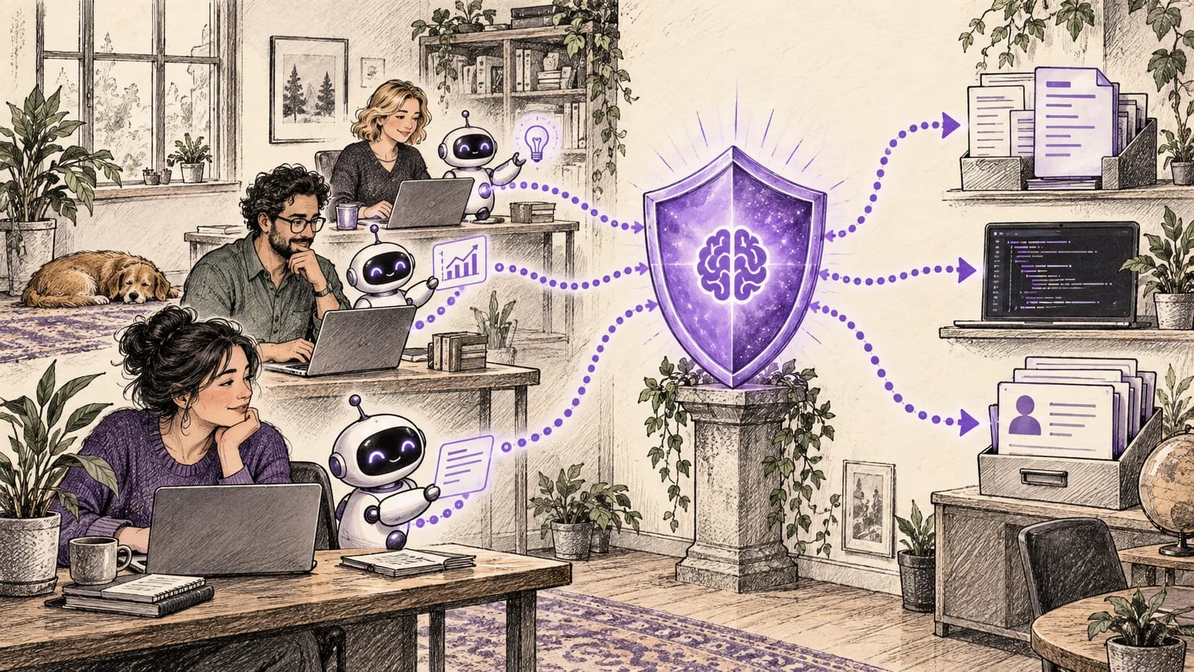 Ink sketch of a small business using AI assistants with a shared purple security checkpoint