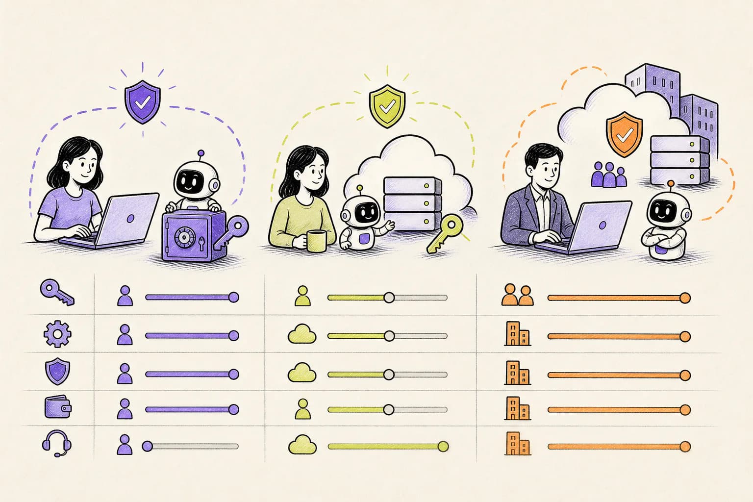 A balanced comparison of local BYOK, a free single-member organization, and managed team agent security