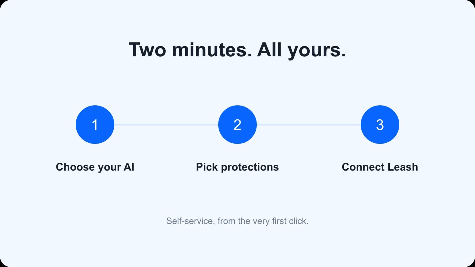 Three setup steps: choose your AI, pick protections and connect Leash