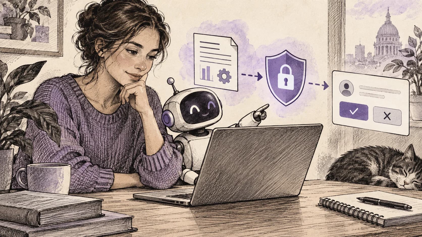 Hand-drawn employee reviewing an AI assistant’s proposed action at a purple security checkpoint